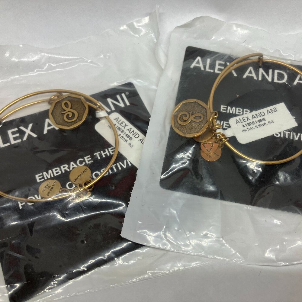 Lot of 2 NWT Alex and Ani Initial S Charm Bangle Bracelet Rafaelian Gold